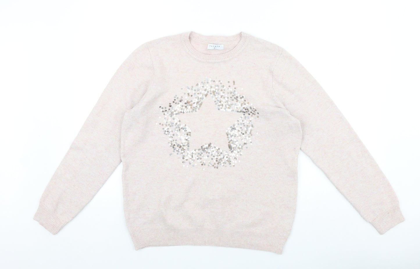 Papaya Womens Pink Round Neck Acrylic Pullover Jumper Size M - Star