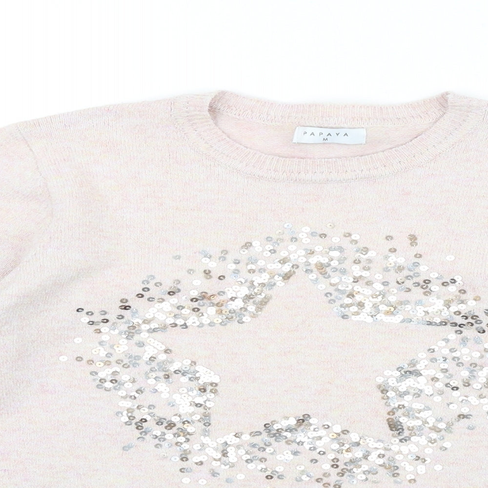 Papaya Womens Pink Round Neck Acrylic Pullover Jumper Size M - Star