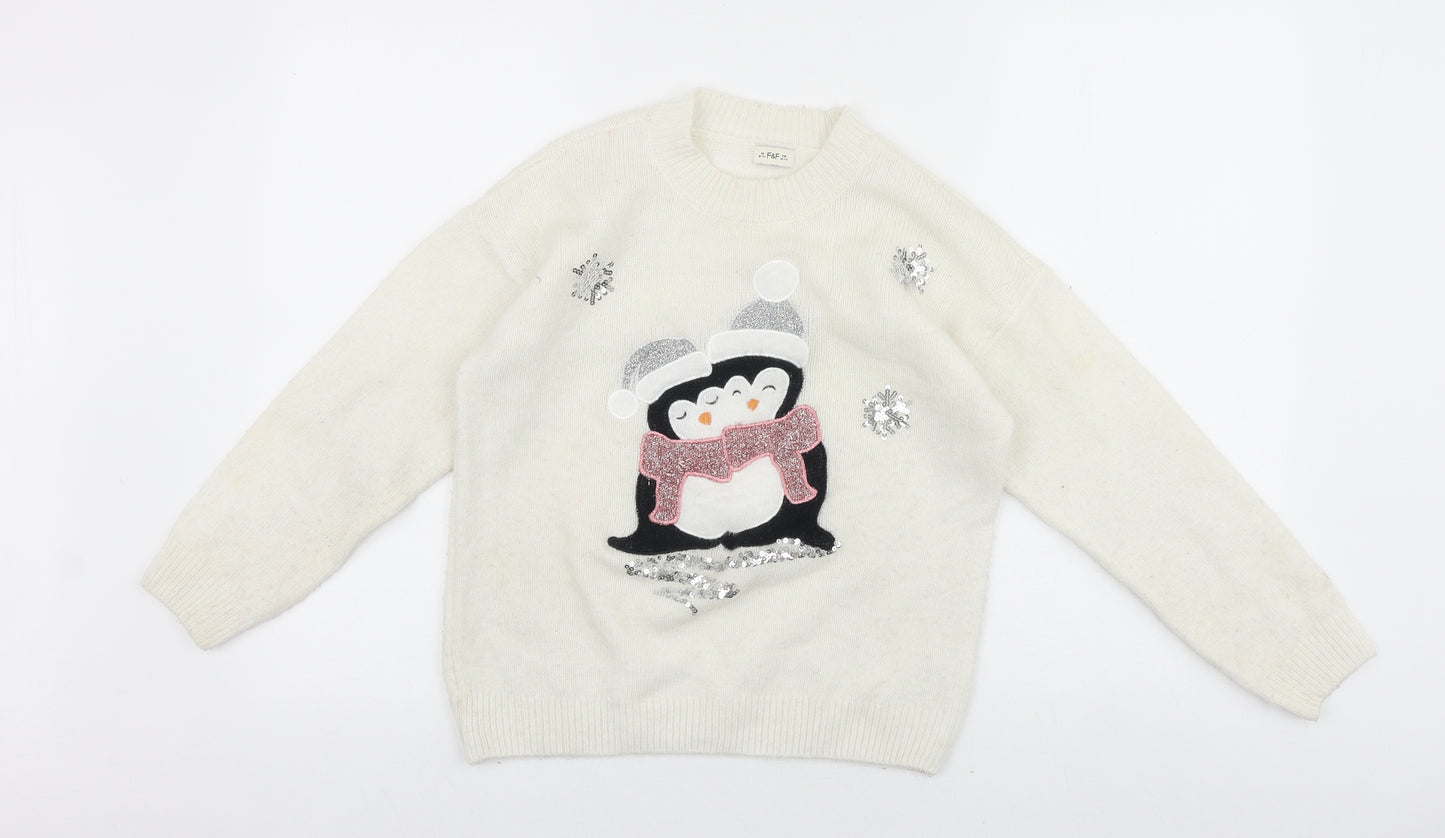 F&F Girls White Round Neck Acrylic Pullover Jumper Size 10-11 Years Pullover - Christmas Penguins
