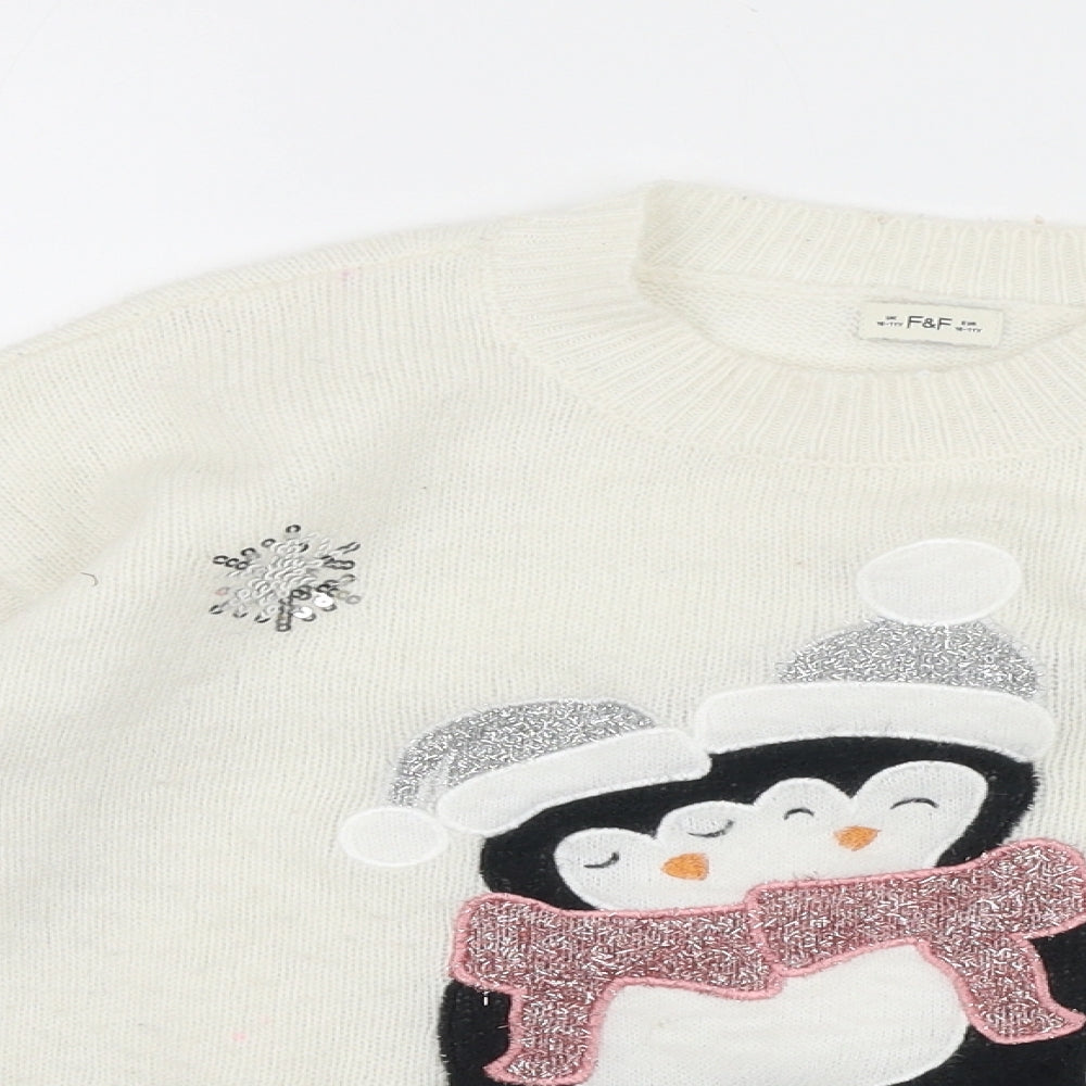 F&F Girls White Round Neck Acrylic Pullover Jumper Size 10-11 Years Pullover - Christmas Penguins