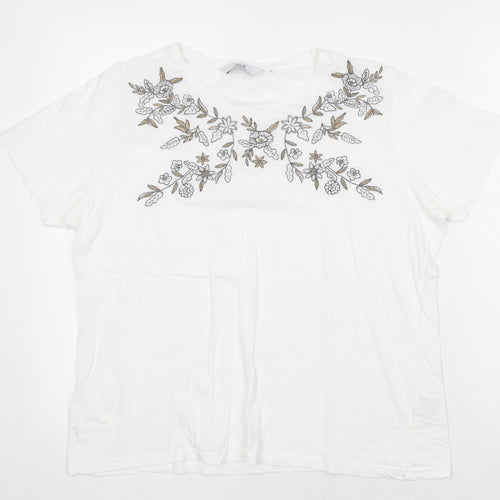 EWM Womens White Floral 100% Cotton Basic T-Shirt Size M Scoop Neck
