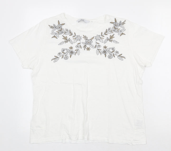 EWM Womens White Floral 100% Cotton Basic T-Shirt Size M Scoop Neck