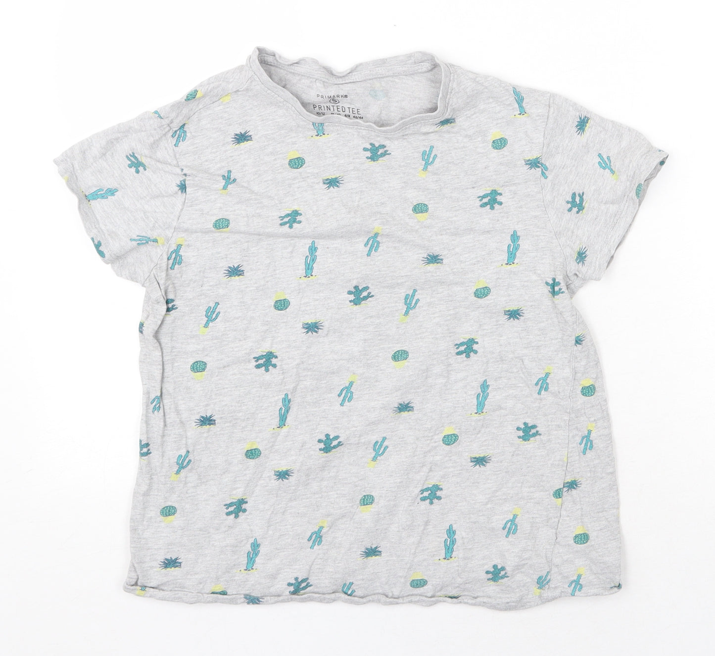 Primark Womens Grey Geometric Cotton Basic T-Shirt Size S Scoop Neck - Size 10/12, Cactus