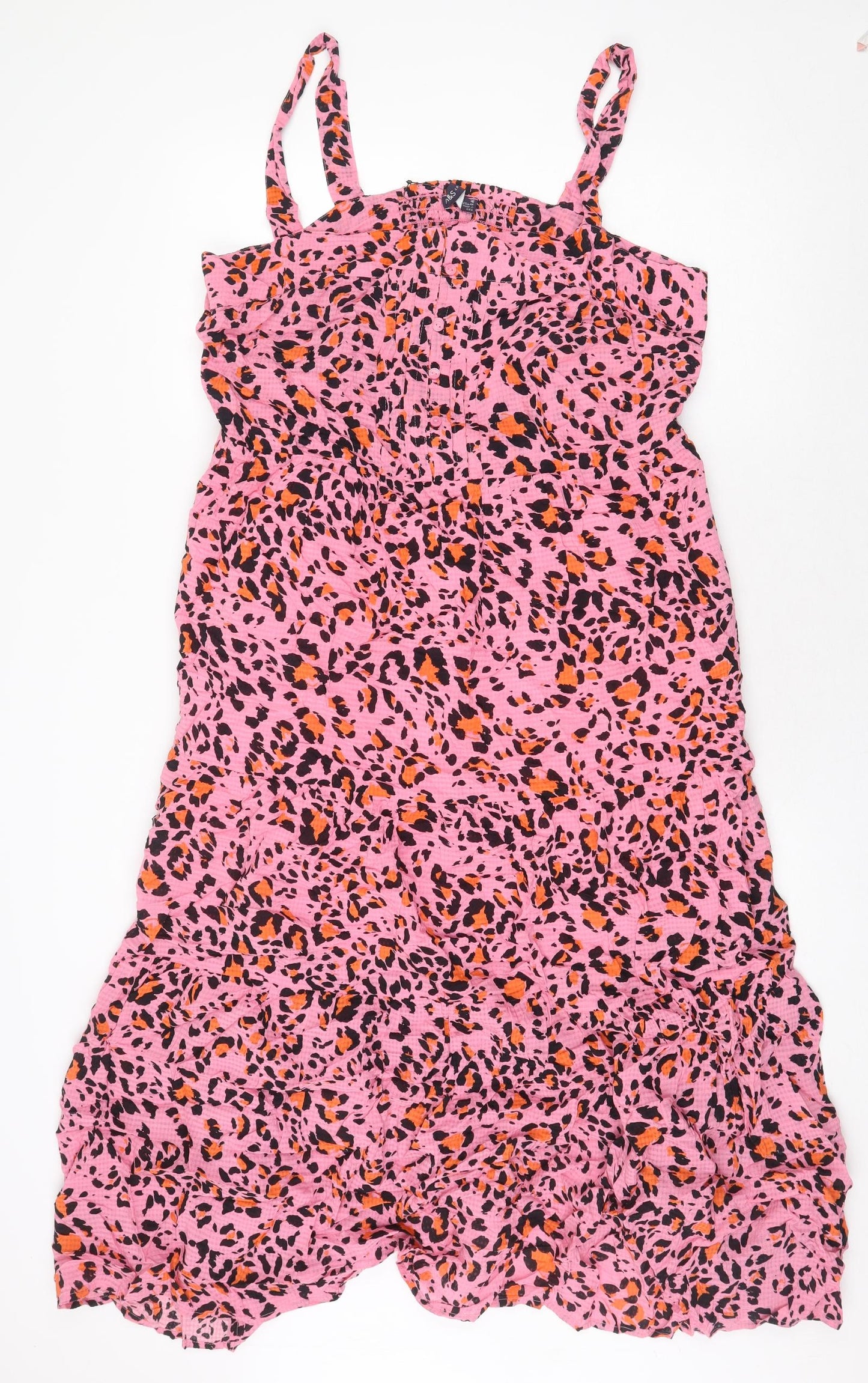 Marks and Spencer Womens Pink Animal Print Viscose Tank Dress Size 16 Square Neck Button - Leopard Print