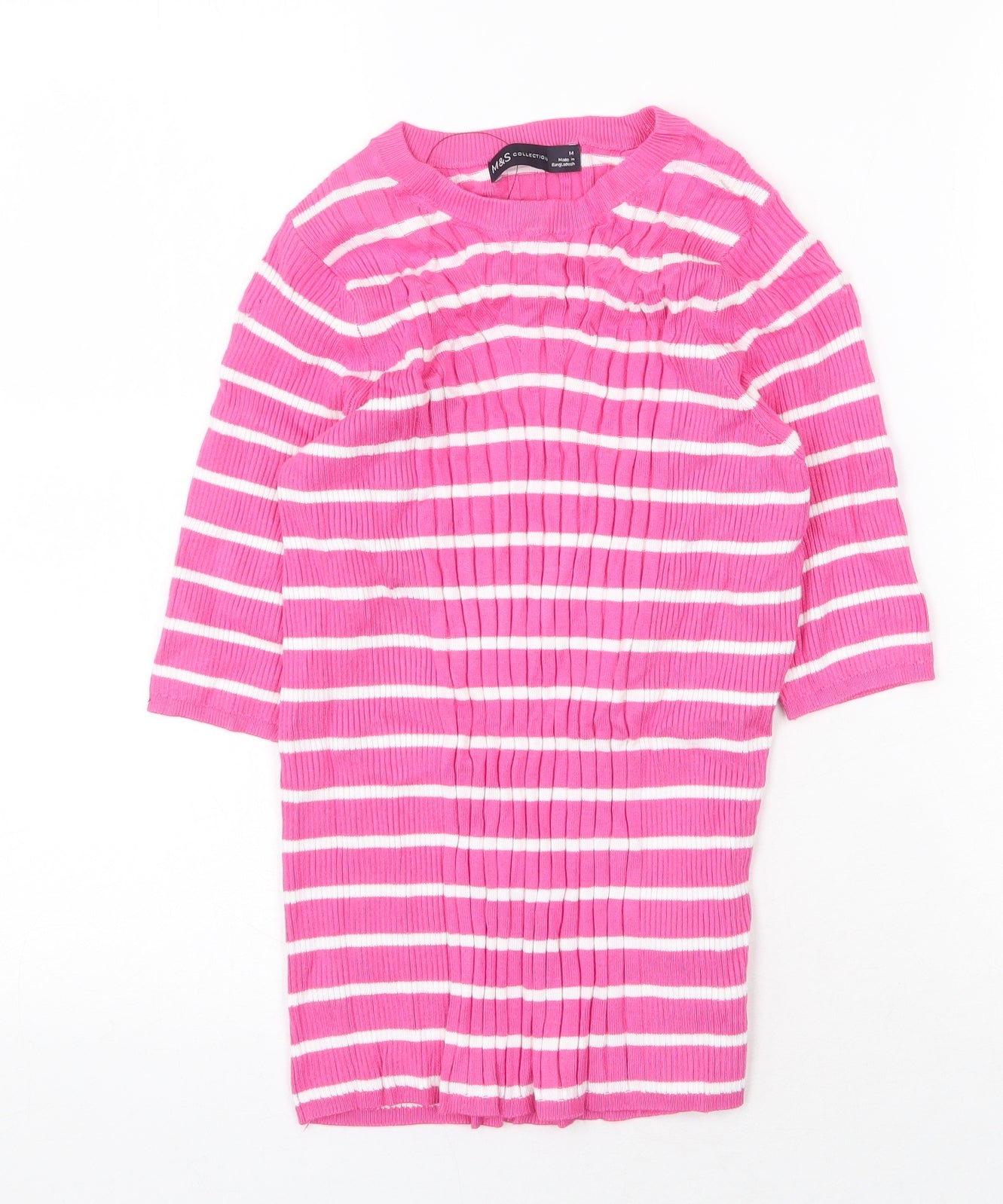 Marks and Spencer Womens Pink Striped Viscose Basic T-Shirt Size M Scoop Neck - Ribbed