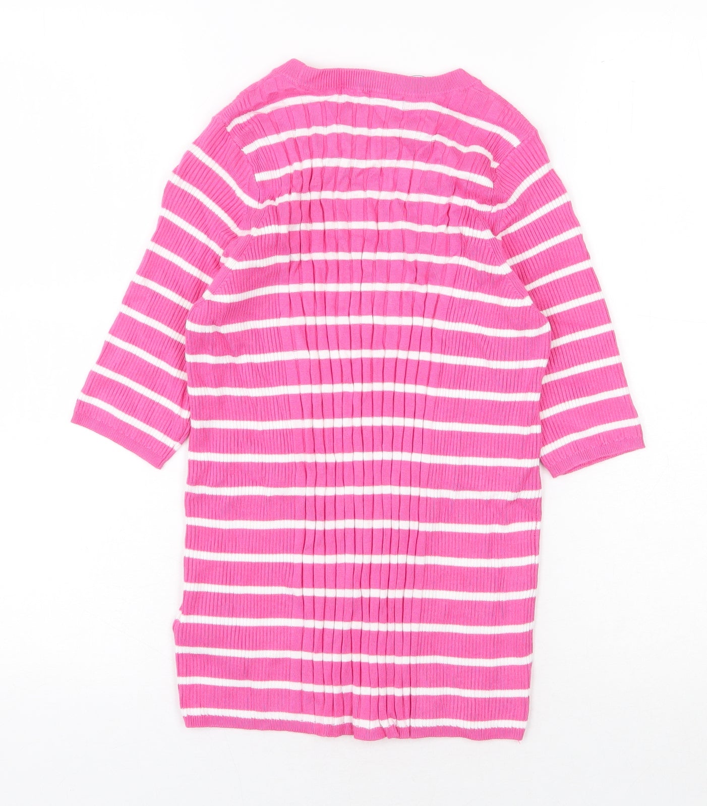 Marks and Spencer Womens Pink Striped Viscose Basic T-Shirt Size M Scoop Neck - Ribbed