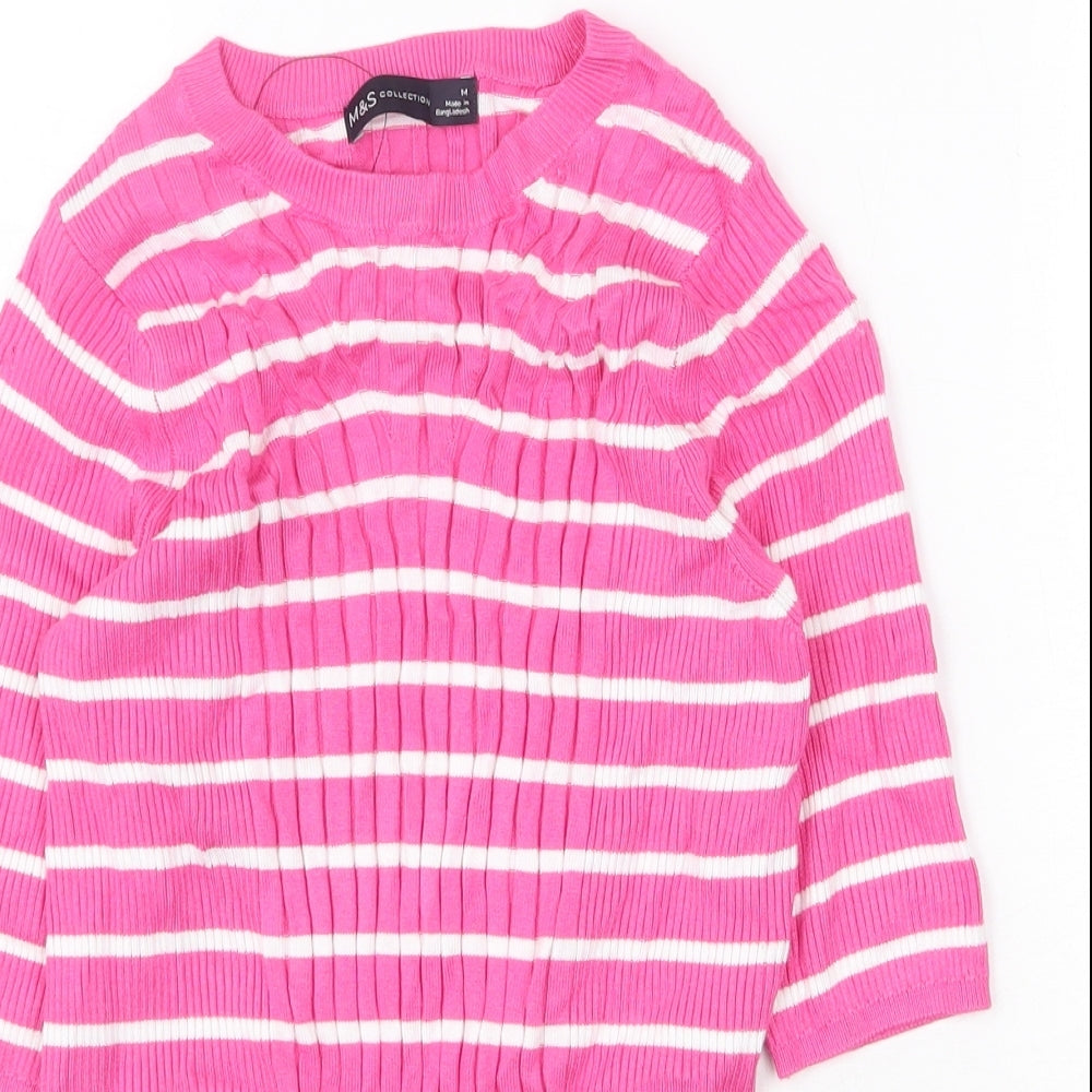 Marks and Spencer Womens Pink Striped Viscose Basic T-Shirt Size M Scoop Neck - Ribbed