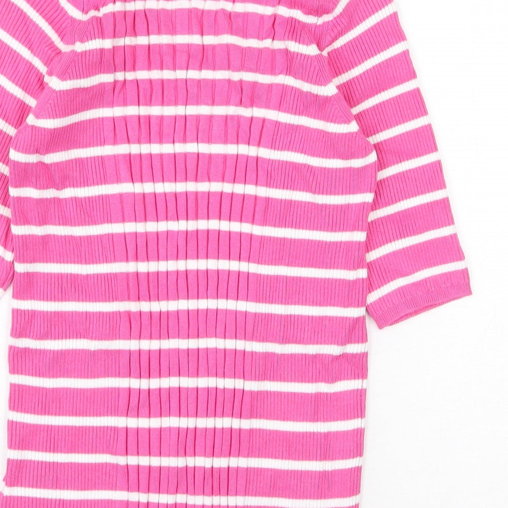 Marks and Spencer Womens Pink Striped Viscose Basic T-Shirt Size M Scoop Neck - Ribbed