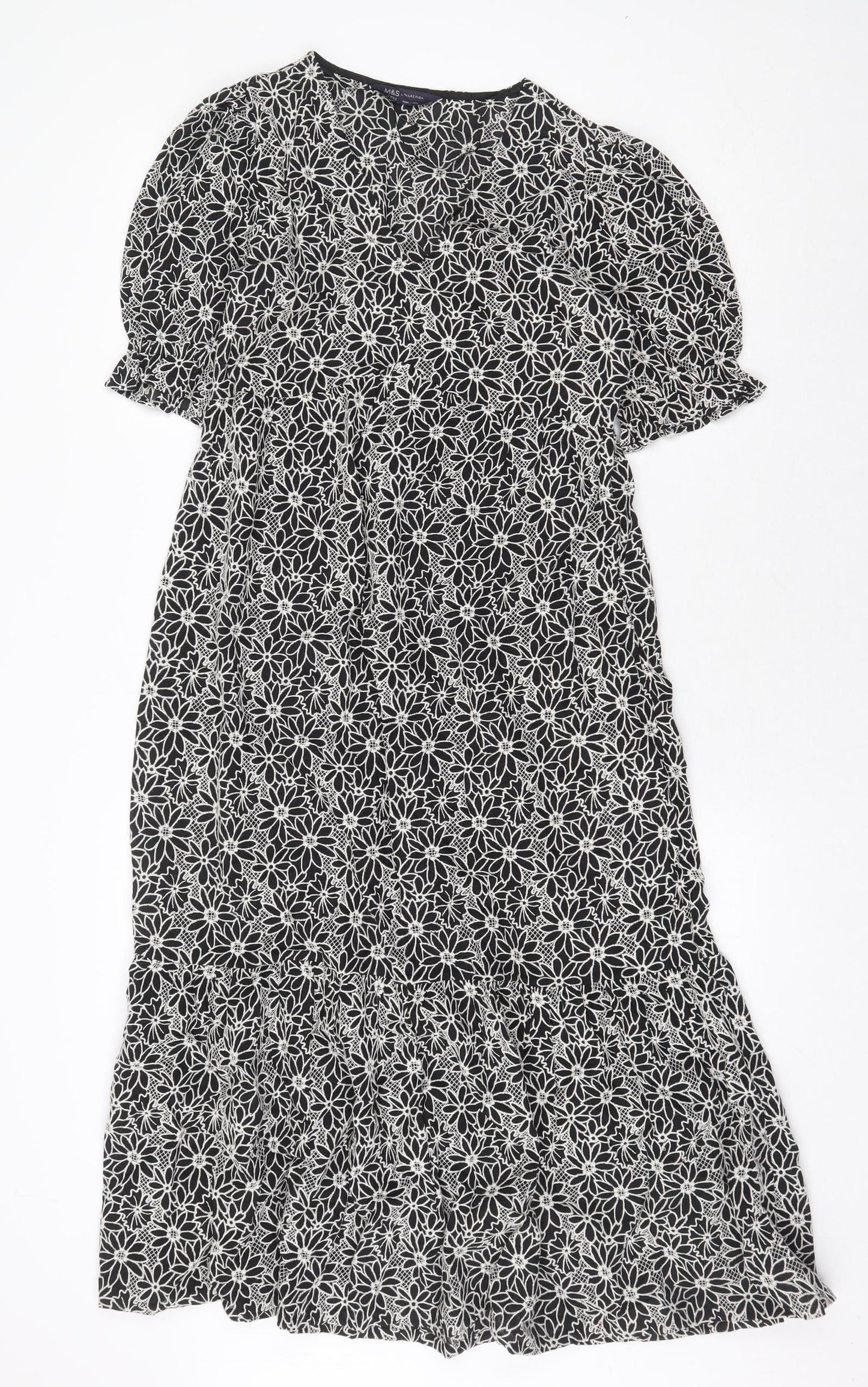 Marks and Spencer Womens Black Floral Cotton A-Line Size 8 Round Neck Zip