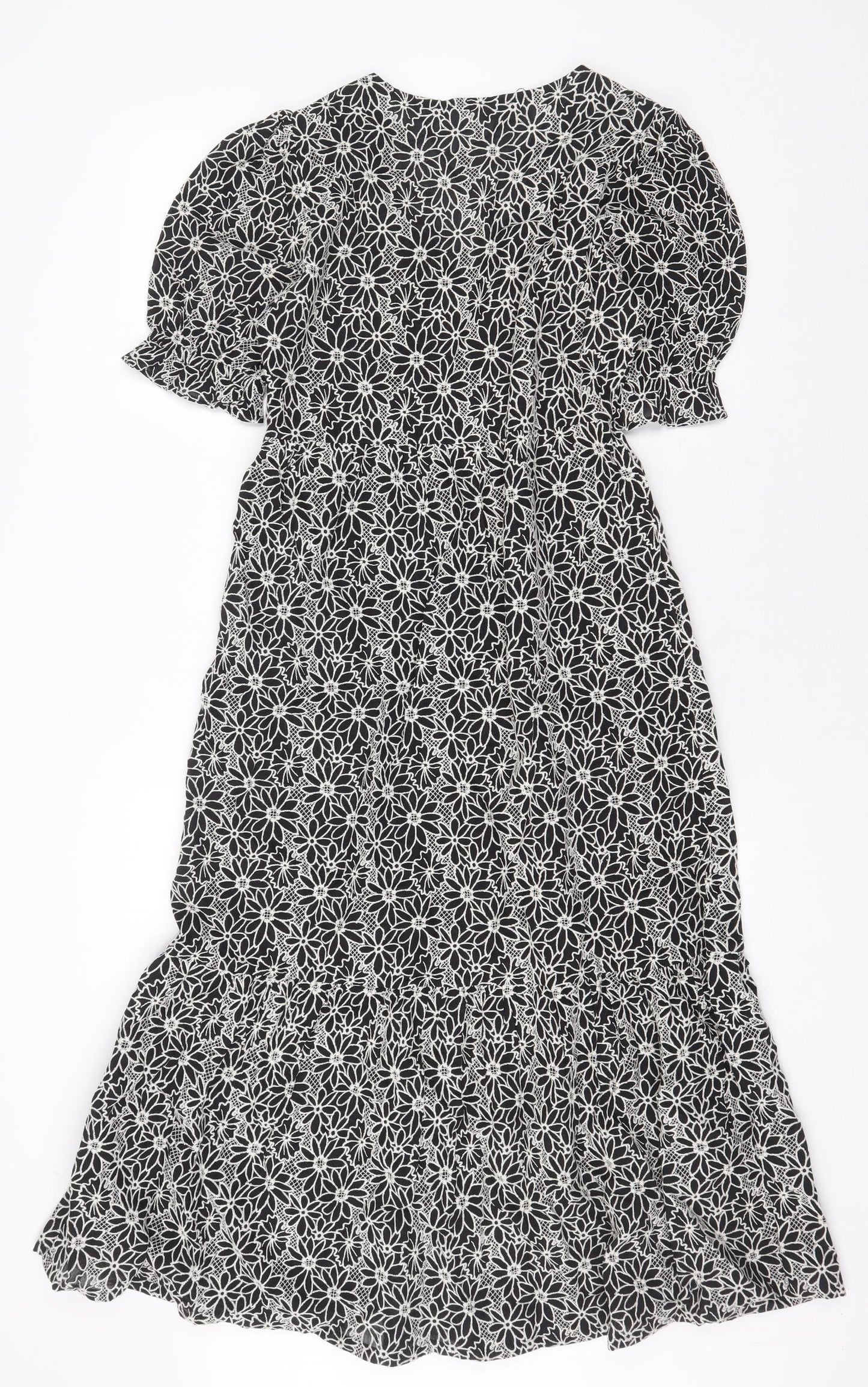 Marks and Spencer Womens Black Floral Cotton A-Line Size 8 Round Neck Zip
