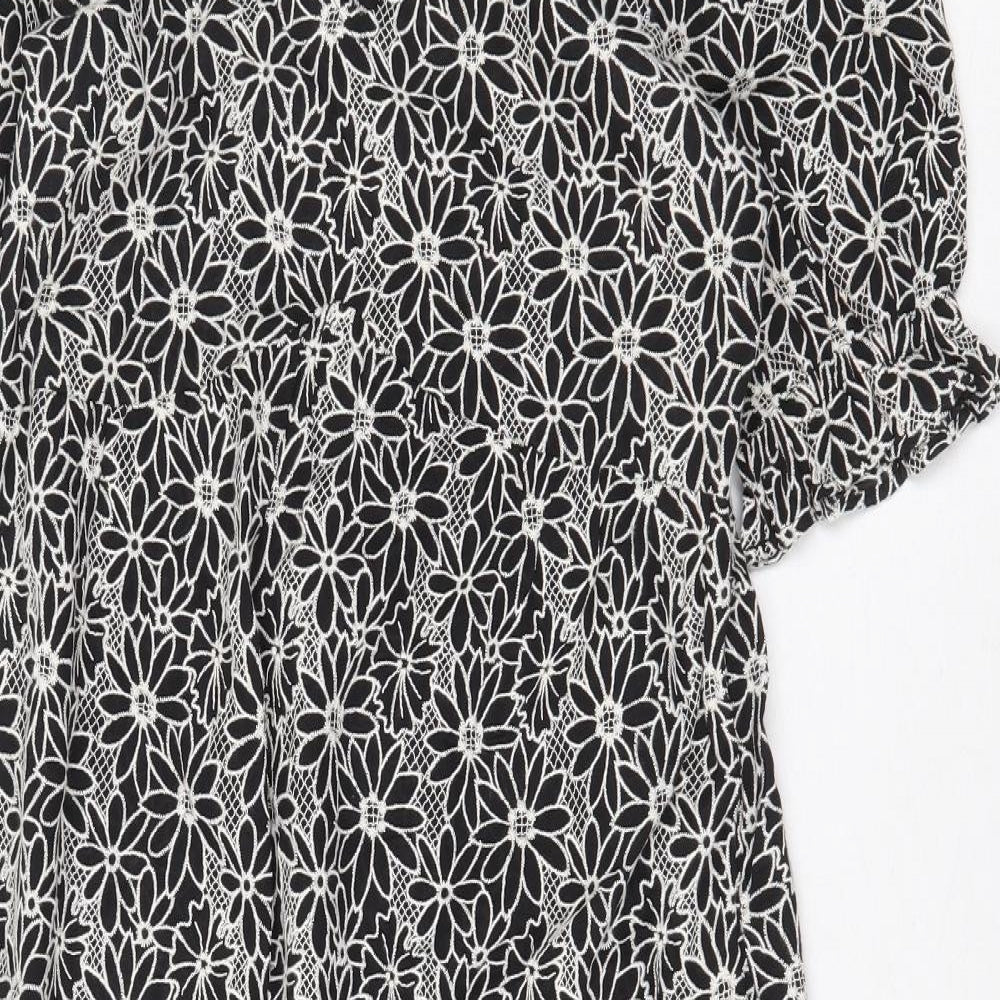Marks and Spencer Womens Black Floral Cotton A-Line Size 8 Round Neck Zip