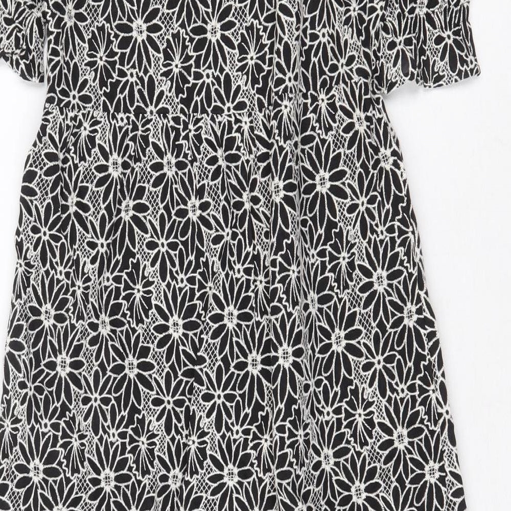 Marks and Spencer Womens Black Floral Cotton A-Line Size 8 Round Neck Zip