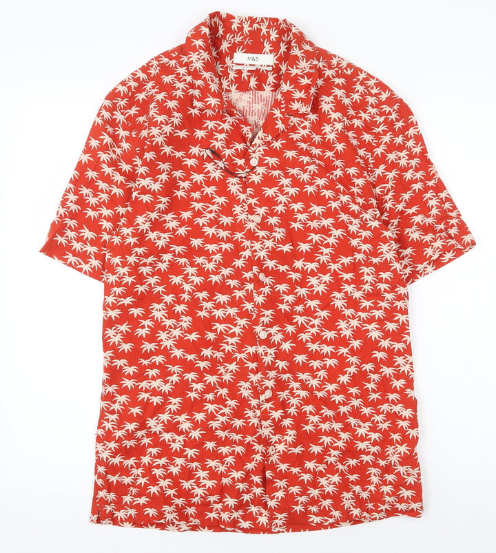 Marks and Spencer Mens Red Geometric Cotton Button-Up Size S Collared Button