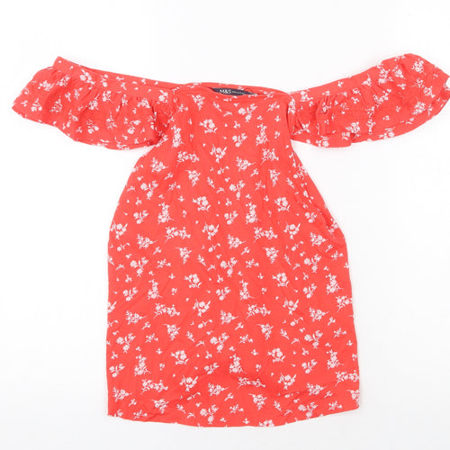 Marks and Spencer Womens Red Geometric 100% Cotton Basic Blouse Size 8 Off the Shoulder
