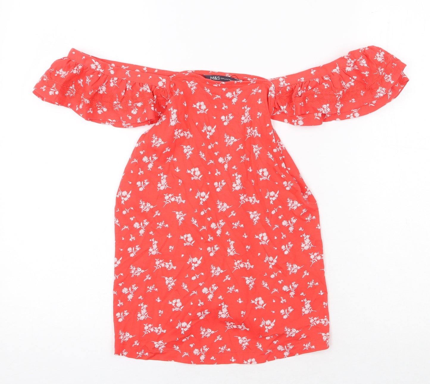 Marks and Spencer Womens Red Geometric 100% Cotton Basic Blouse Size 8 Off the Shoulder