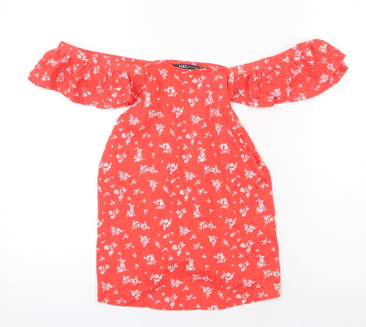 Marks and Spencer Womens Red Geometric 100% Cotton Basic Blouse Size 8 Off the Shoulder