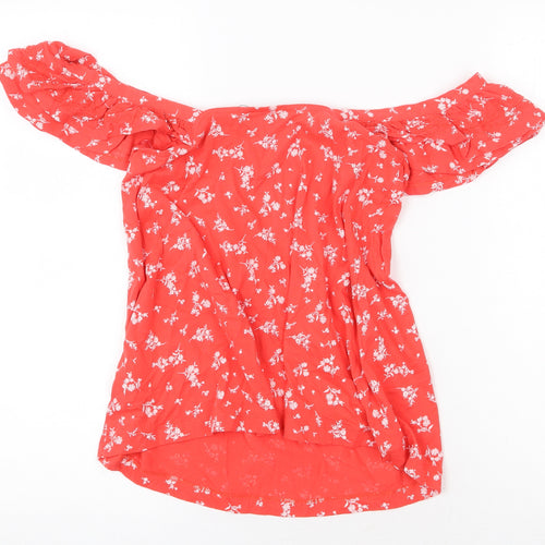 Marks and Spencer Womens Red Geometric 100% Cotton Basic Blouse Size 8 Off the Shoulder