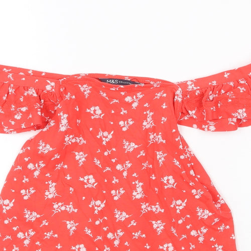 Marks and Spencer Womens Red Geometric 100% Cotton Basic Blouse Size 8 Off the Shoulder