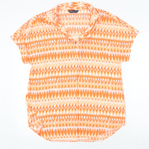 Marks and Spencer Womens Orange Geometric Polyester Basic Blouse Size 8 V-Neck