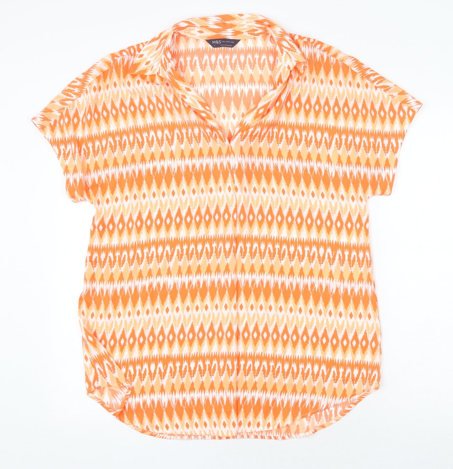 Marks and Spencer Womens Orange Geometric Polyester Basic Blouse Size 8 V-Neck