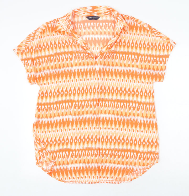 Marks and Spencer Womens Orange Geometric Polyester Basic Blouse Size 8 V-Neck
