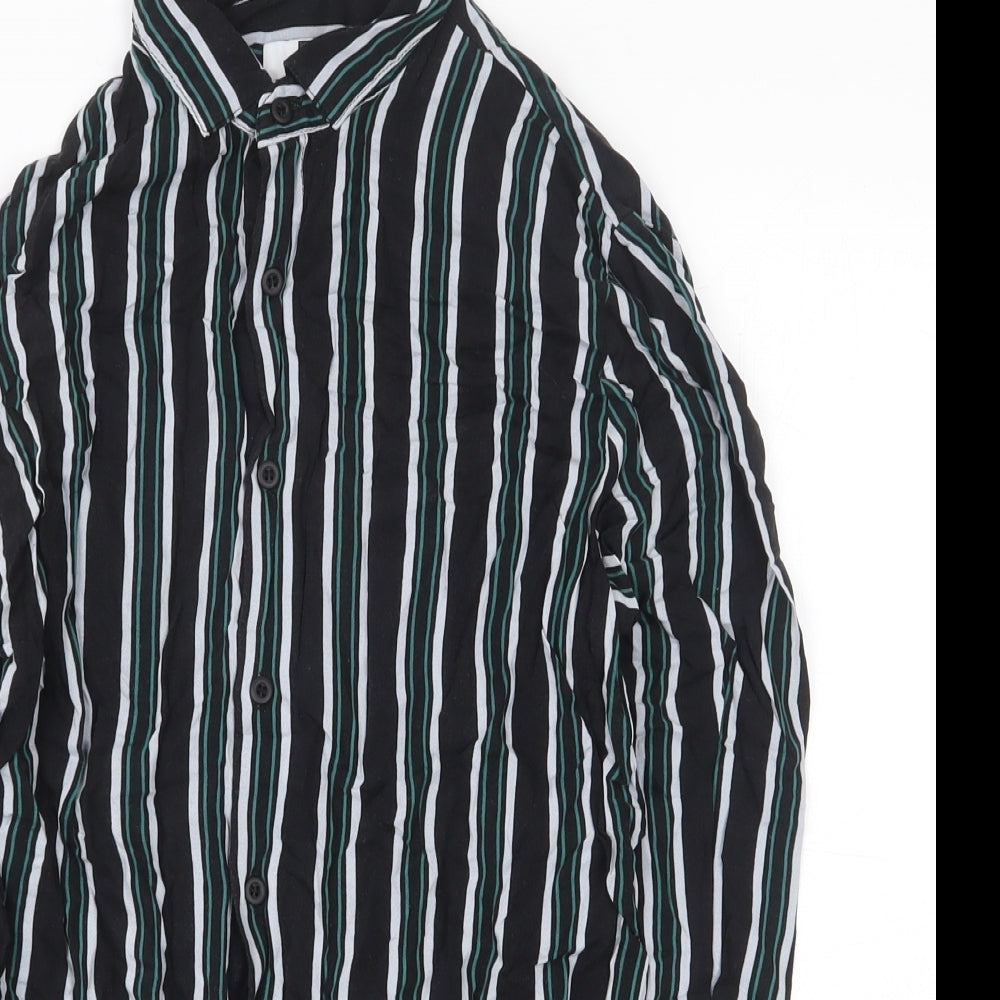 Topman Mens Black Striped Viscose Button-Up Size S Collared Button