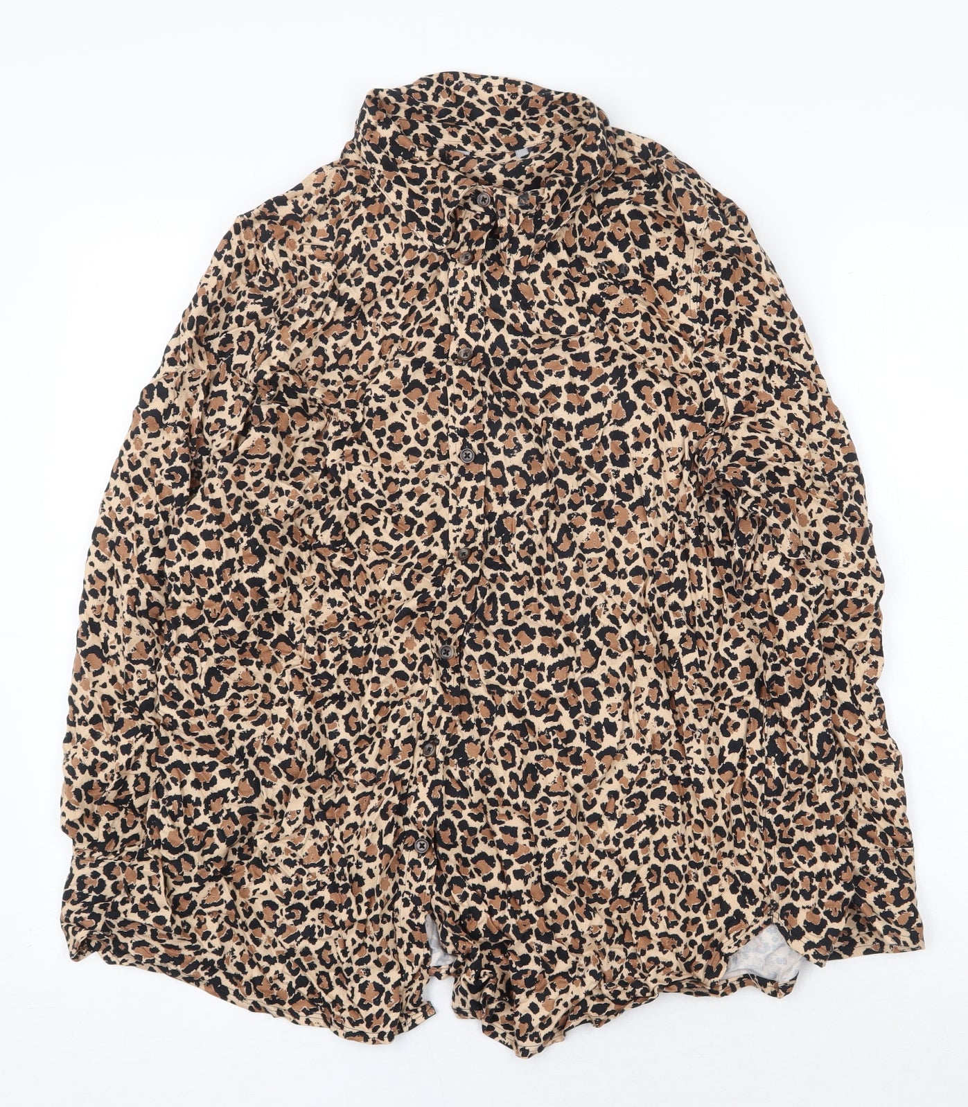 Marks and Spencer Womens Beige Animal Print Cotton Basic Button-Up Size 16 Collared - Leopard Print