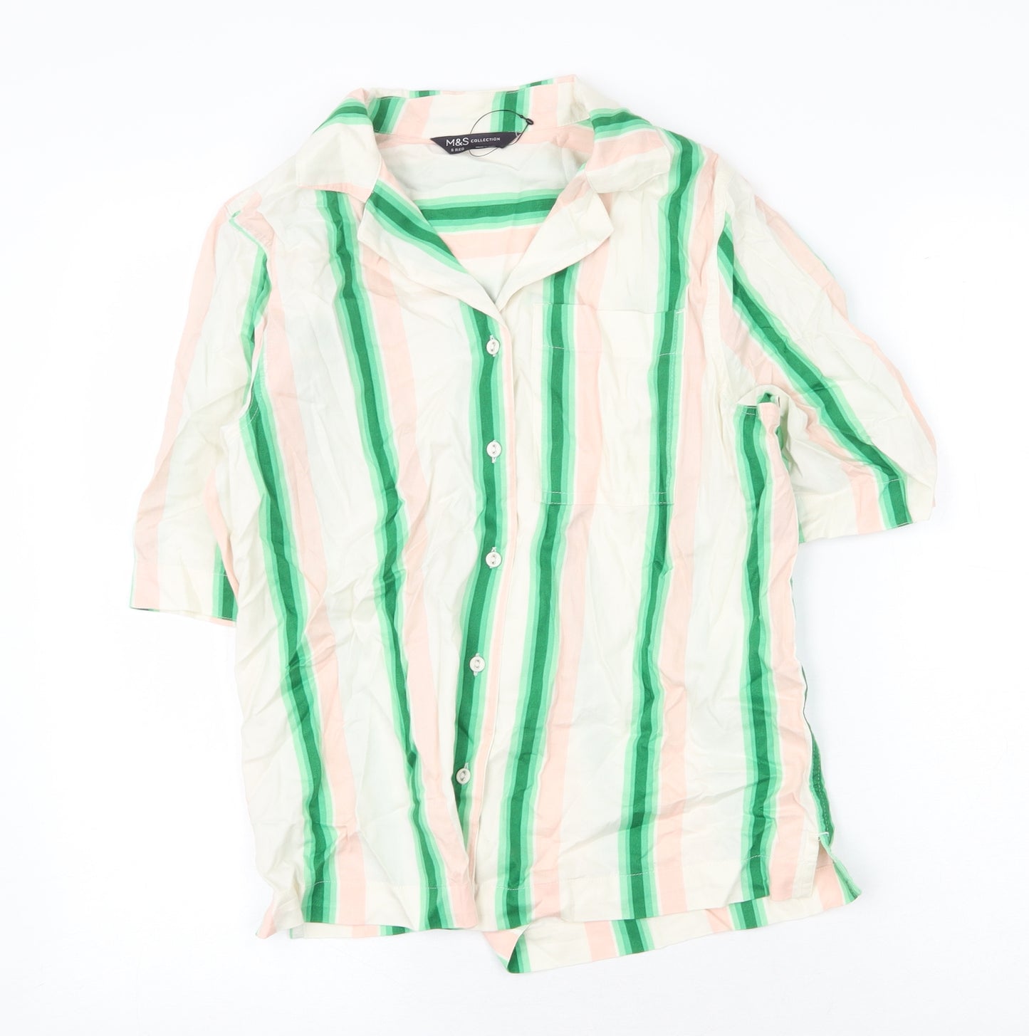 Marks and Spencer Womens Multicoloured Striped Cotton Basic Button-Up Size 8 Collared
