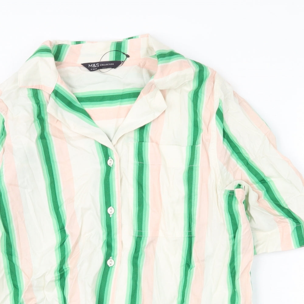 Marks and Spencer Womens Multicoloured Striped Cotton Basic Button-Up Size 8 Collared