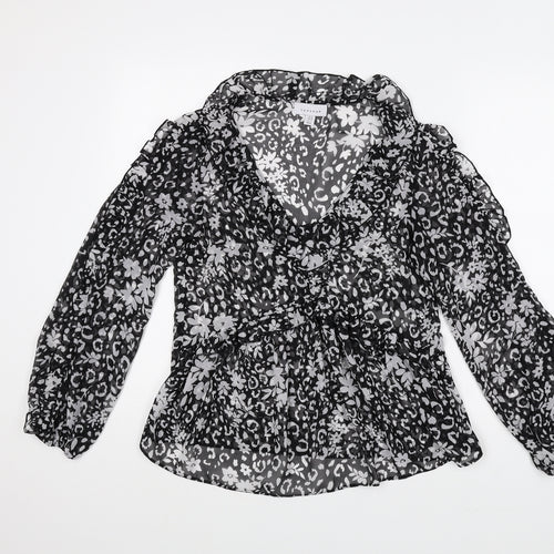 Topshop Womens Black Floral Polyester Basic Blouse Size 8 V-Neck