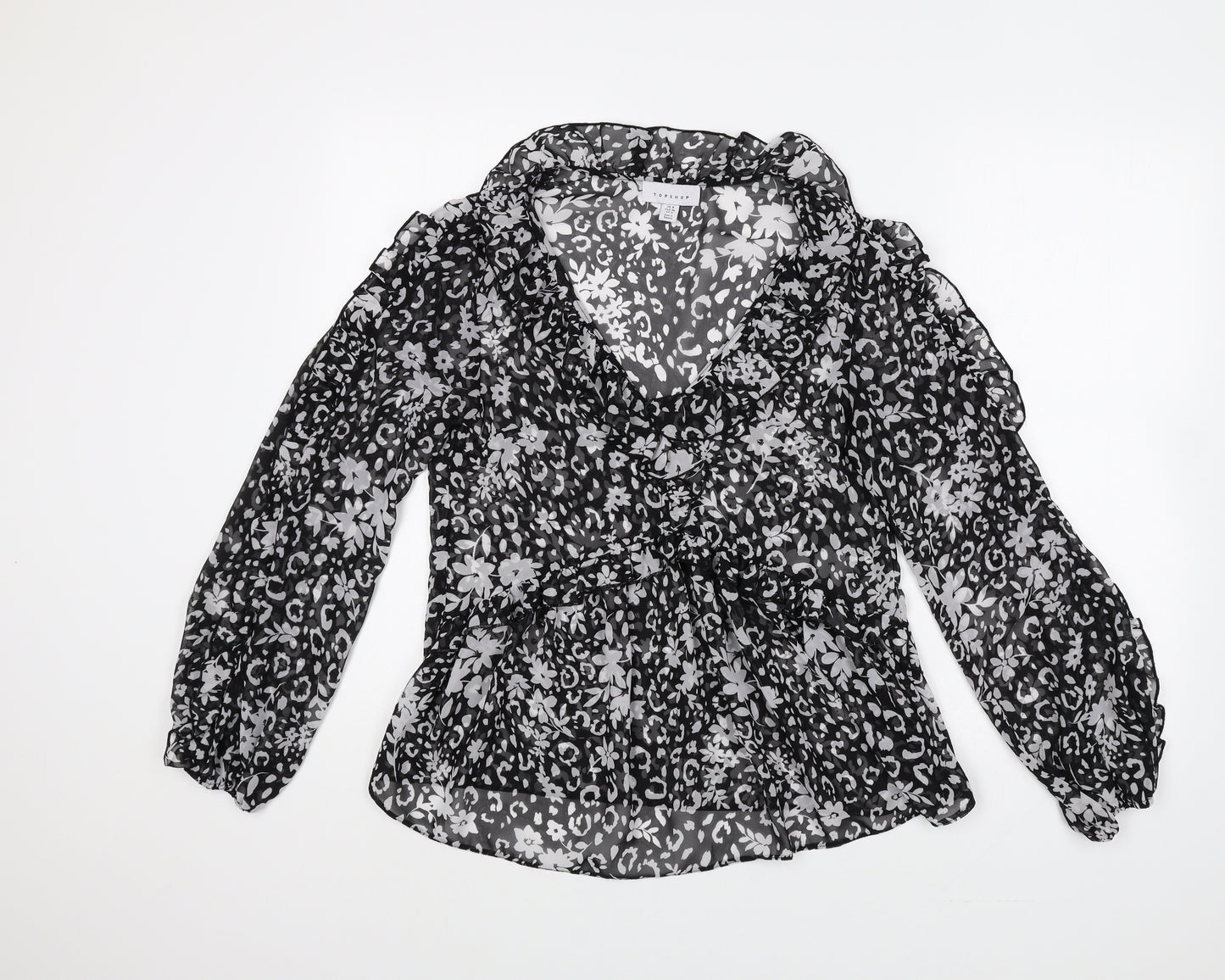 Topshop Womens Black Floral Polyester Basic Blouse Size 8 V-Neck