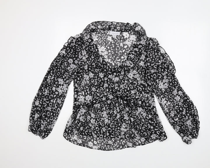 Topshop Womens Black Floral Polyester Basic Blouse Size 8 V-Neck