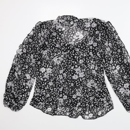 Topshop Womens Black Floral Polyester Basic Blouse Size 8 V-Neck