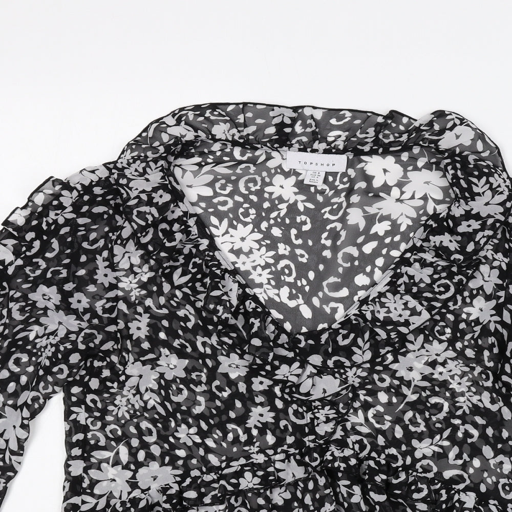 Topshop Womens Black Floral Polyester Basic Blouse Size 8 V-Neck