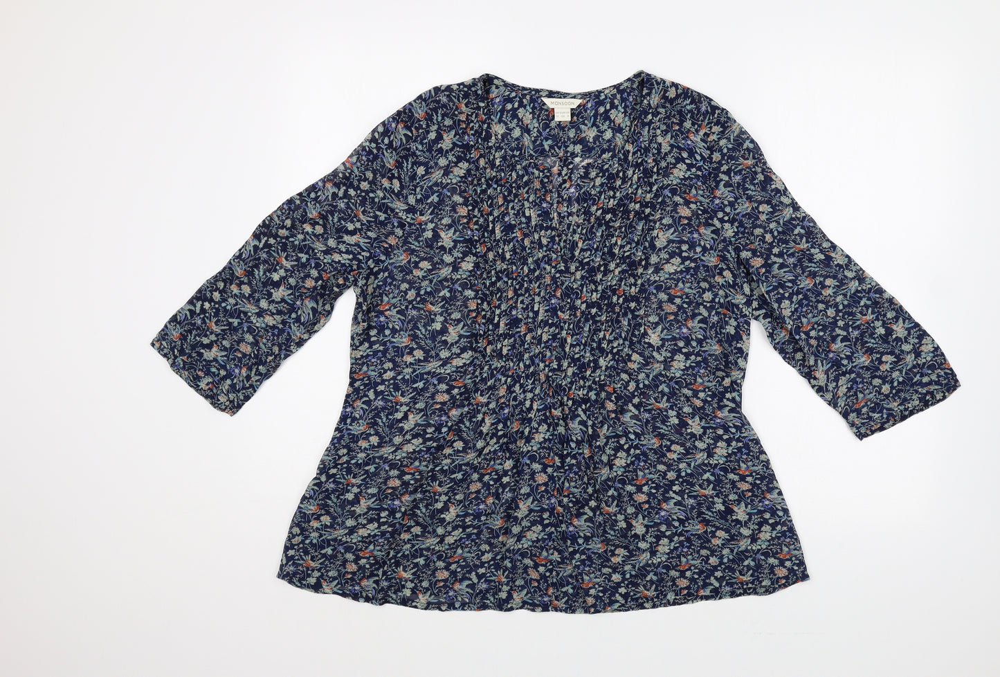 Monsoon Womens Blue Floral Viscose Basic Blouse Size 12 V-Neck