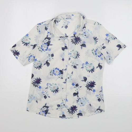 Marks and Spencer Womens White Floral Polyester Basic Button-Up Size S Collared