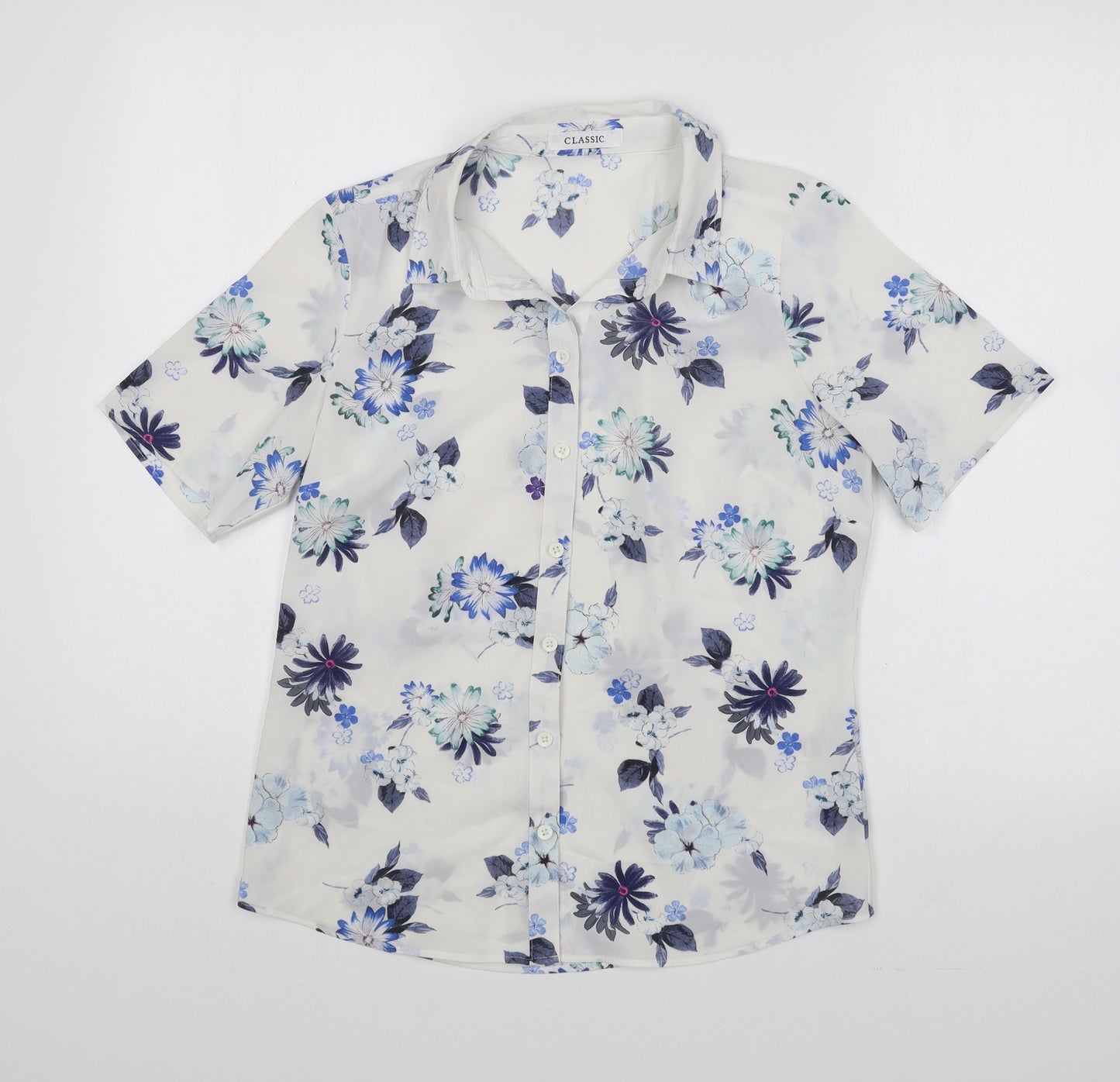Marks and Spencer Womens White Floral Polyester Basic Button-Up Size S Collared