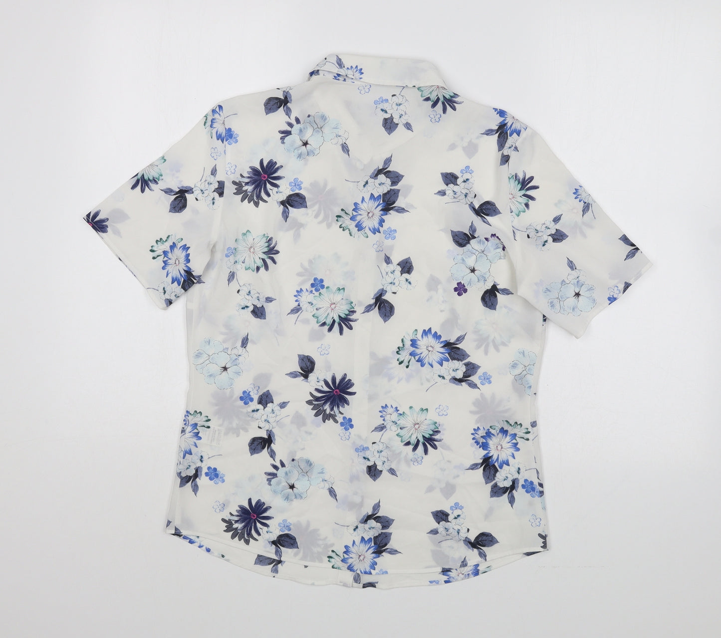 Marks and Spencer Womens White Floral Polyester Basic Button-Up Size S Collared