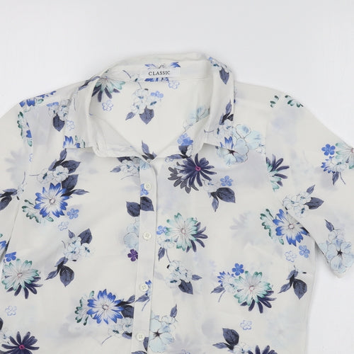 Marks and Spencer Womens White Floral Polyester Basic Button-Up Size S Collared