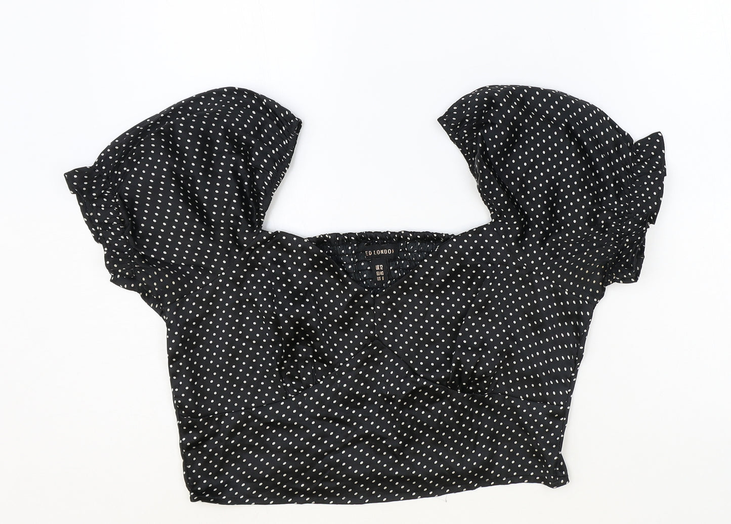 QED London Womens Black Polka Dot Polyester Cropped Blouse Size 12 Sweetheart