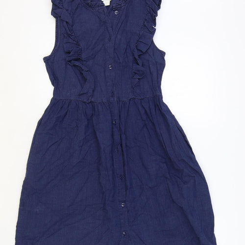 Monsoon Womens Blue Herringbone 100% Cotton Fit & Flare Size 8 V-Neck Button