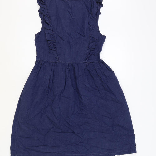 Monsoon Womens Blue Herringbone 100% Cotton Fit & Flare Size 8 V-Neck Button