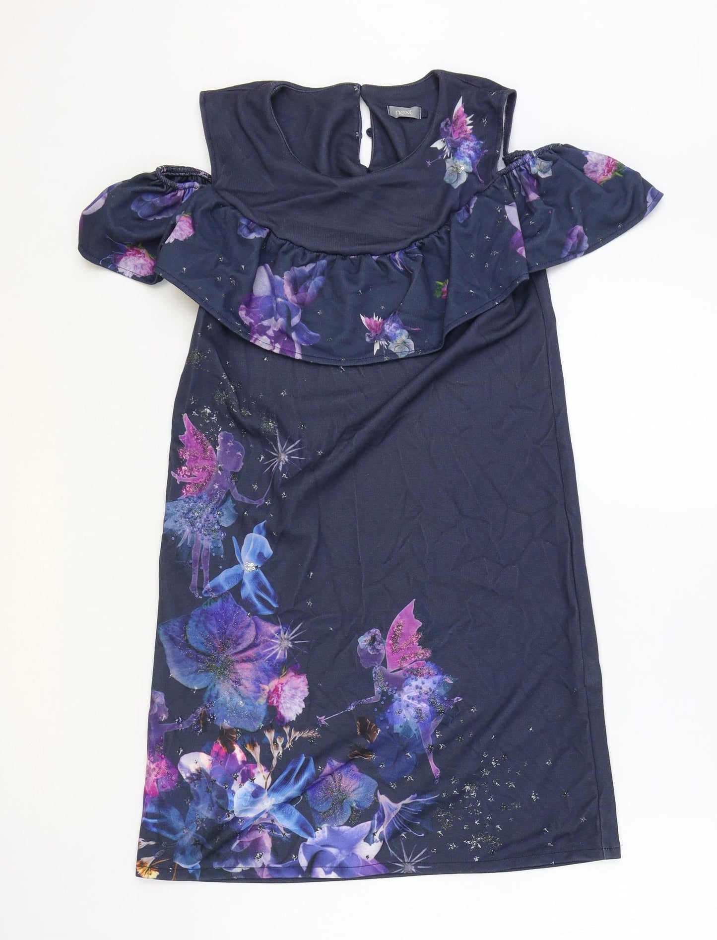 NEXT Girls Blue Floral Polyester A-Line Size 12 Years Round Neck Pullover - Cold Shoulder