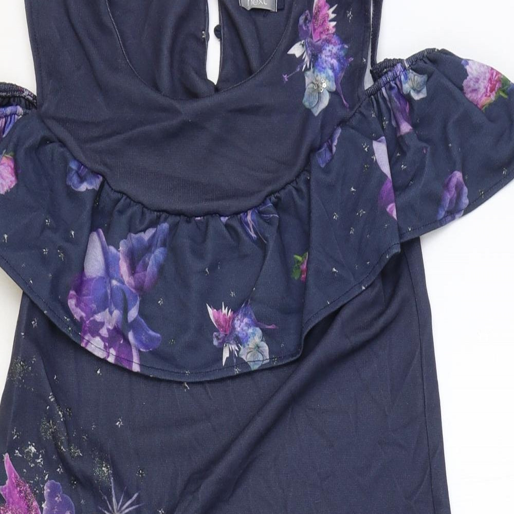 NEXT Girls Blue Floral Polyester A-Line Size 12 Years Round Neck Pullover - Cold Shoulder
