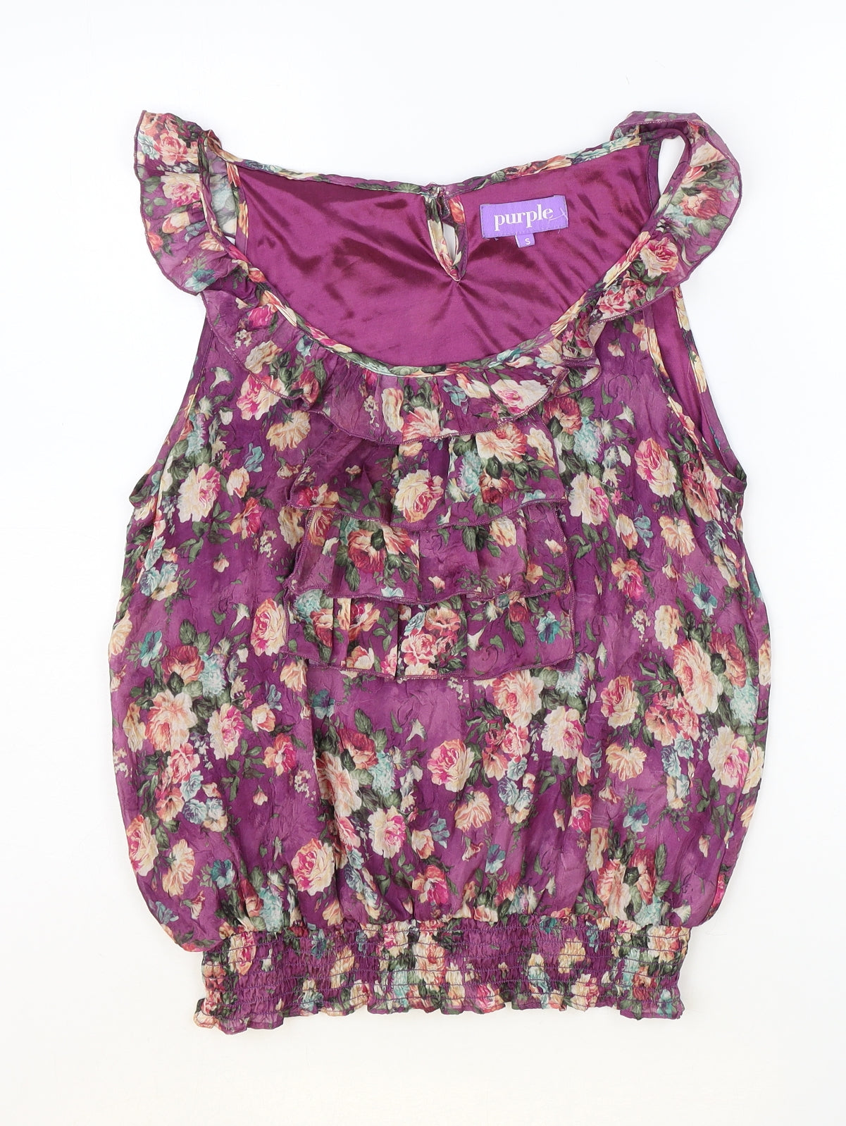 Purple Womens Purple Floral Polyester Basic Tank Size S Scoop Neck