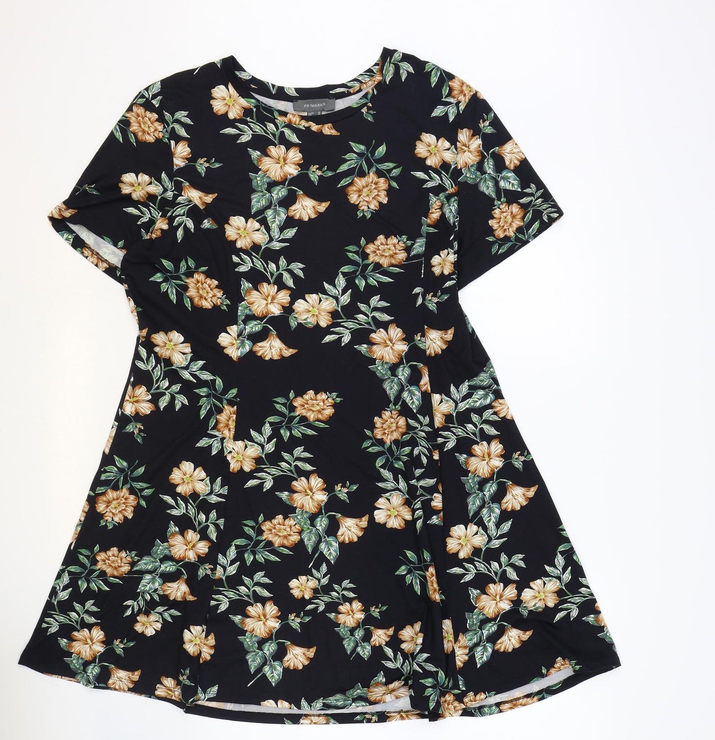 Primark Womens Black Floral Polyester Skater Dress Size 20 Boat Neck Pullover