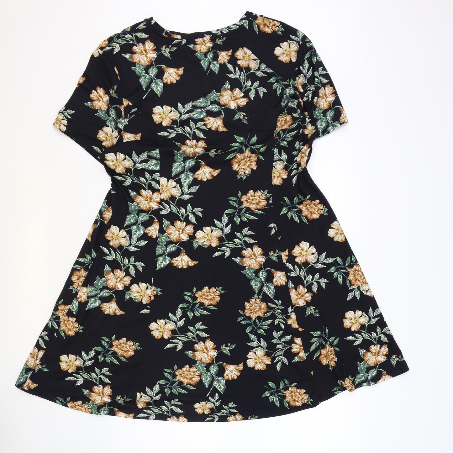 Primark Womens Black Floral Polyester Skater Dress Size 20 Boat Neck Pullover