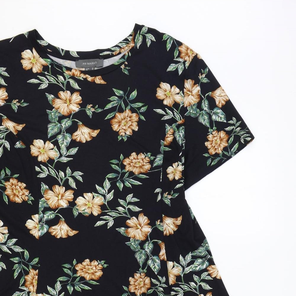 Primark Womens Black Floral Polyester Skater Dress Size 20 Boat Neck Pullover