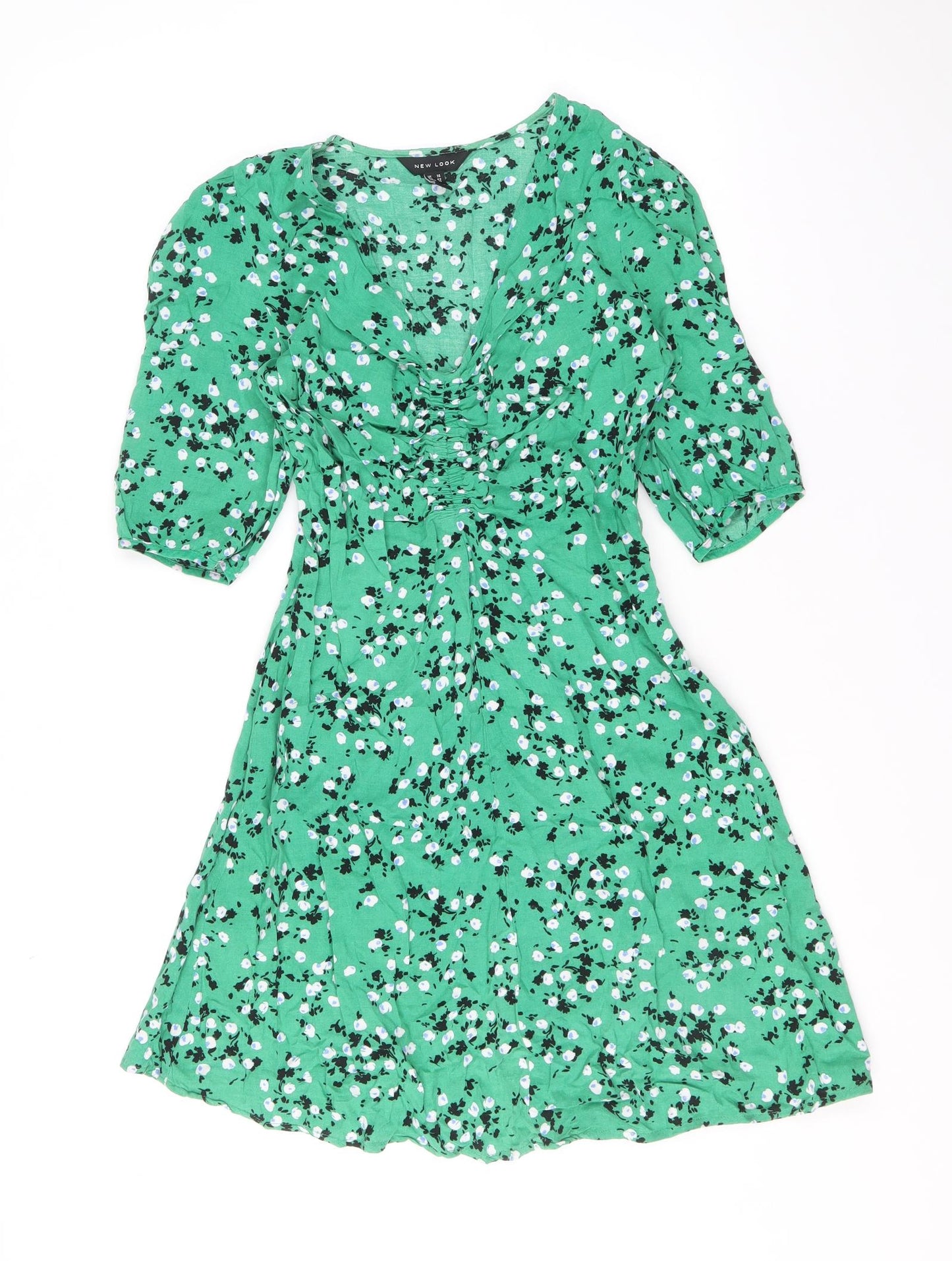 New Look Womens Green Geometric Viscose A-Line Size 14 V-Neck Pullover