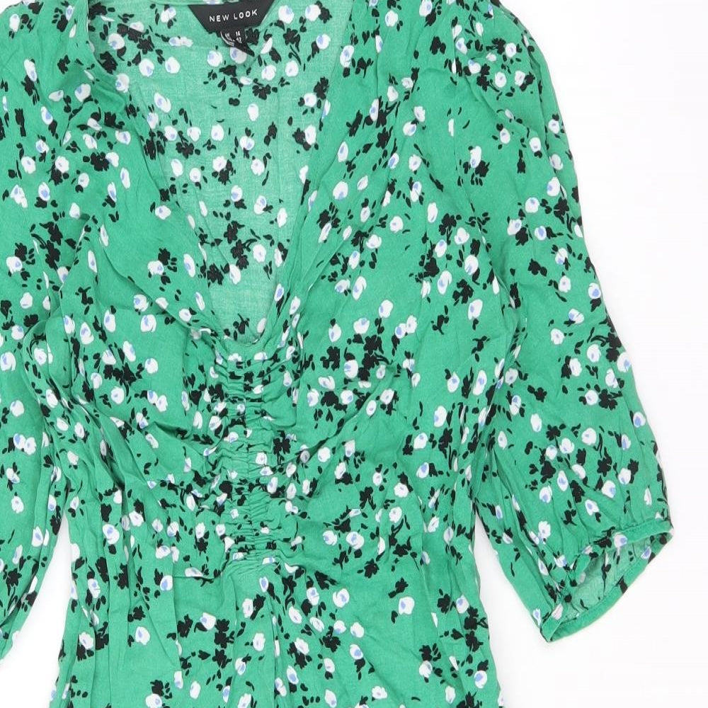 New Look Womens Green Geometric Viscose A-Line Size 14 V-Neck Pullover